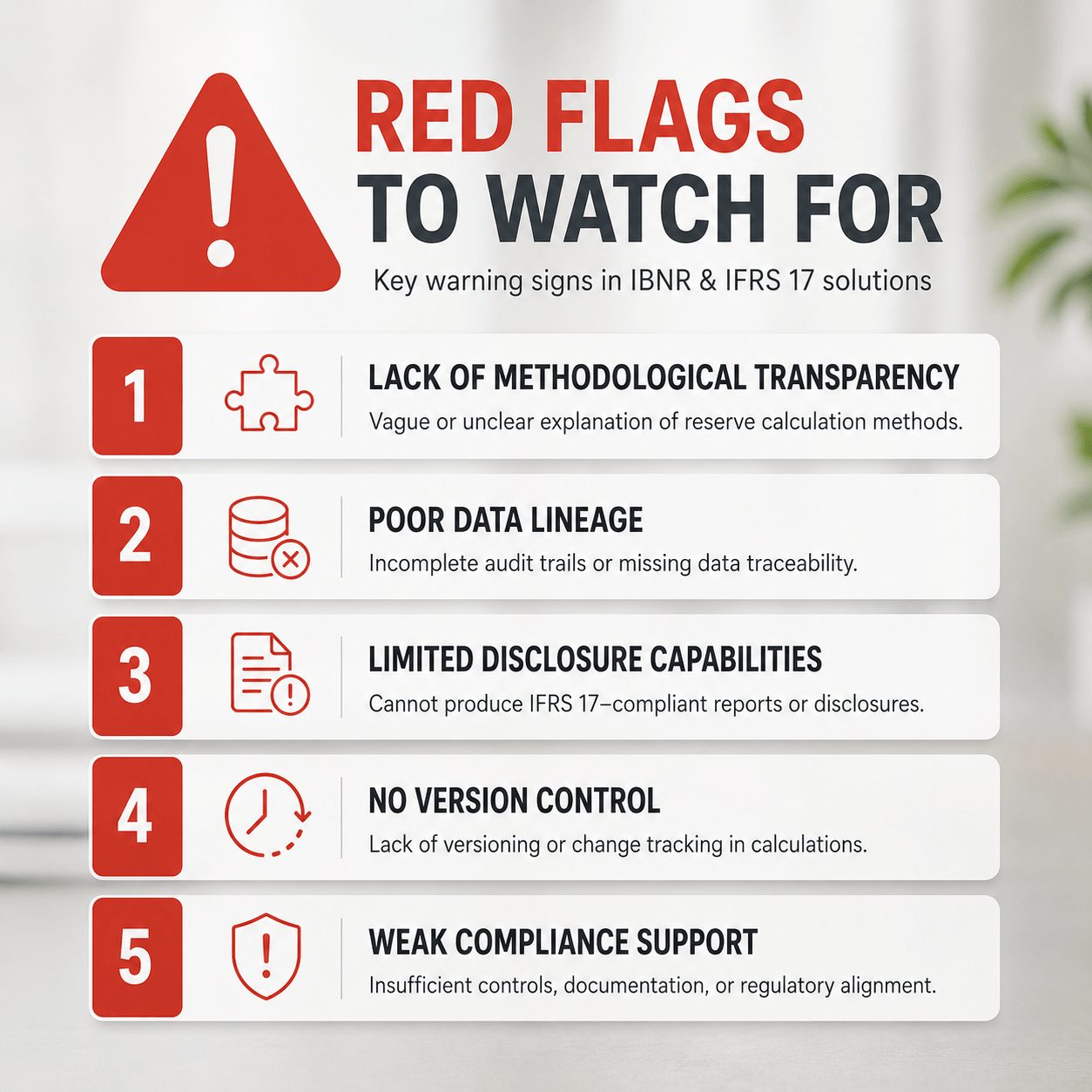 Red flag checklist infographic outlining warning signs when evaluating actuarial SaaS providers for IBNR compliance, including weak data lineage and poor disclosure support.