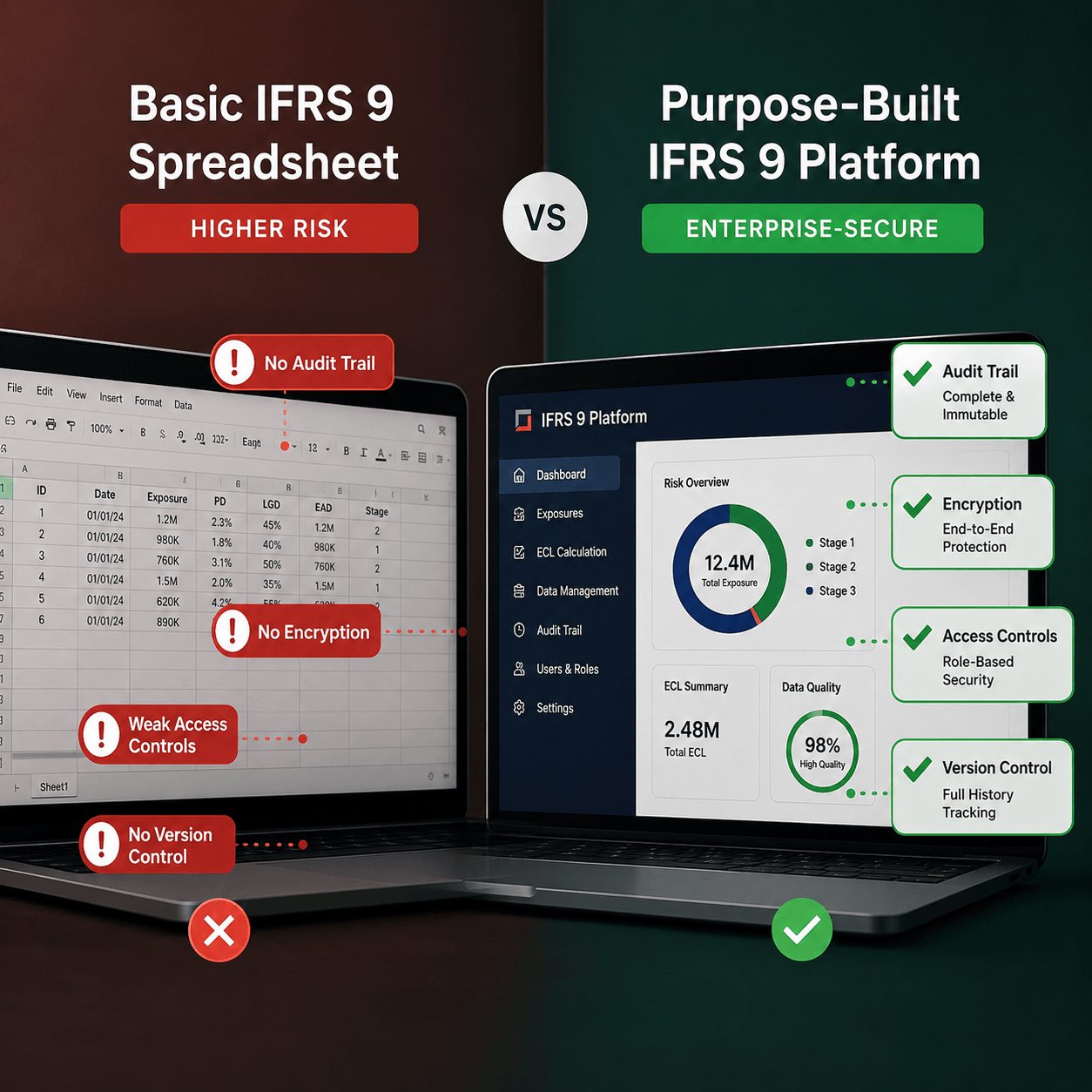 Side-by-side comparison of spreadsheet-based workflows versus secure enterprise platforms for non-compliant IFRS 9 compliance software environments.