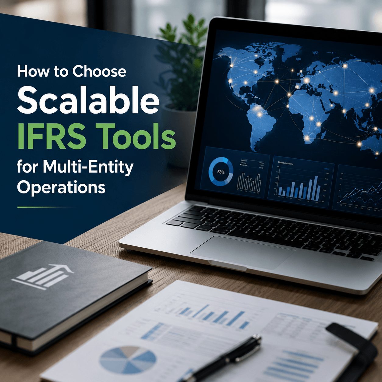 Professional workspace featuring a laptop with global financial dashboards and analytics, illustrating scalable multi-entity IFRS tools for consolidated reporting and international business operations.