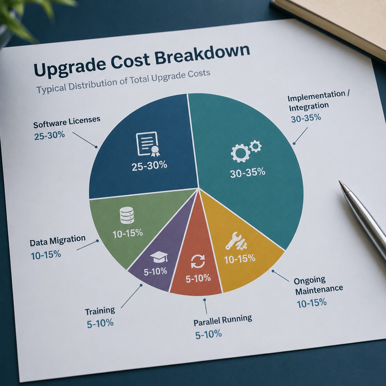 Infographic pie chart showing software licenses, implementation, data migration, training, and maintenance costs for modern IFRS reporting software upgrades.