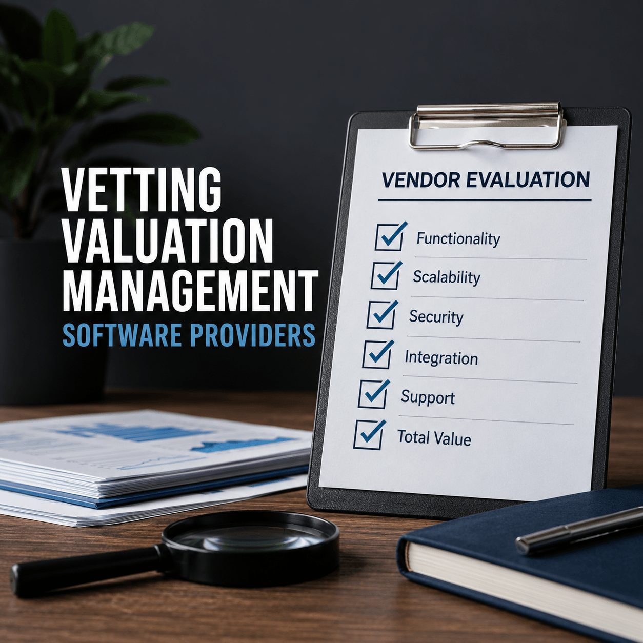 Professional office-style infographic featuring a vendor evaluation checklist, magnifying glass, financial documents, and audit materials representing how businesses assess valuation management software providers for compliance, scalability, security, and reporting capabilities.