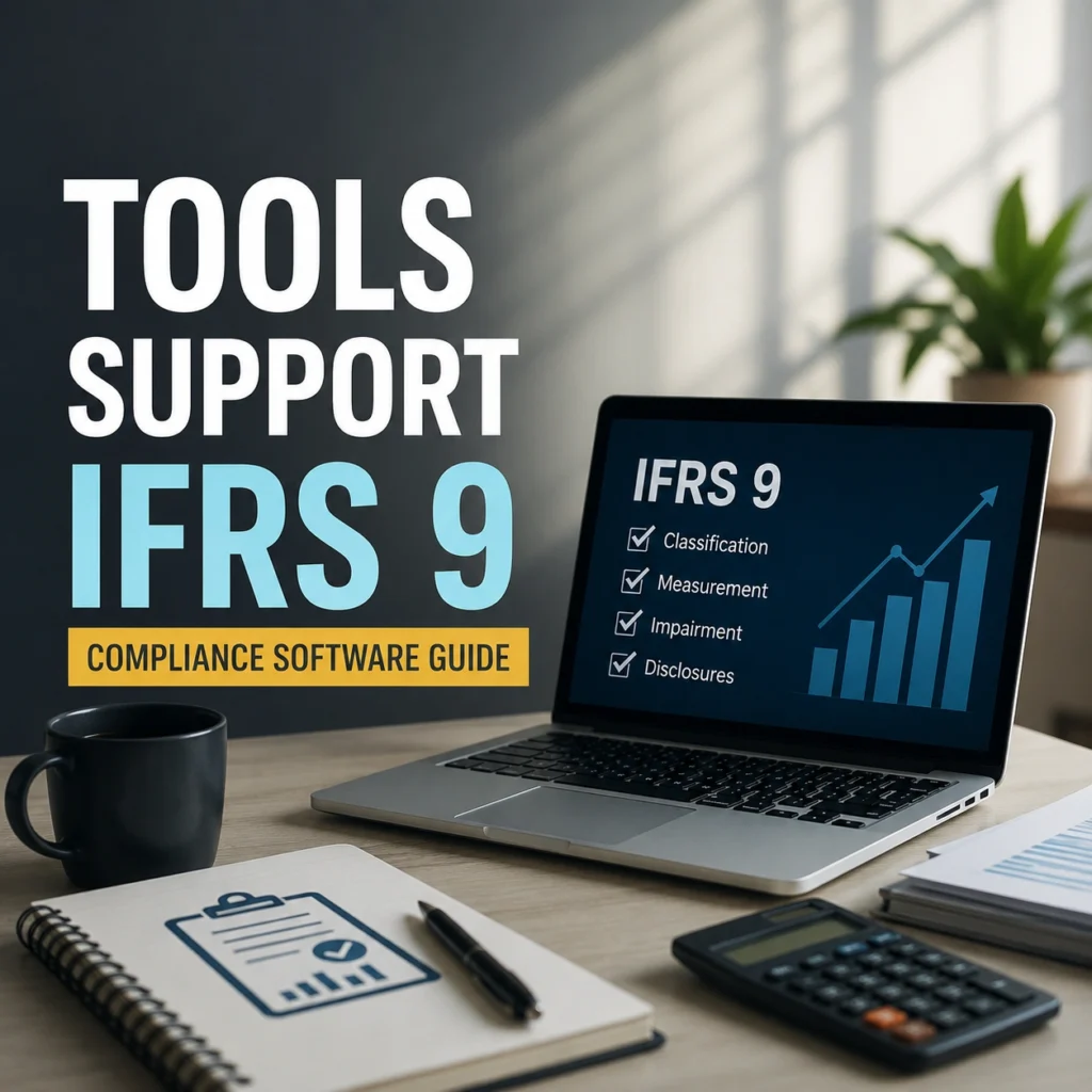 Professional office workspace featuring a laptop displaying an IFRS 9 dashboard with compliance metrics, financial charts, calculator, notebook, and the headline "Tools Support IFRS 9 Compliance Software Guide," illustrating how tools support IFRS 9 compliance software selection and implementation.
