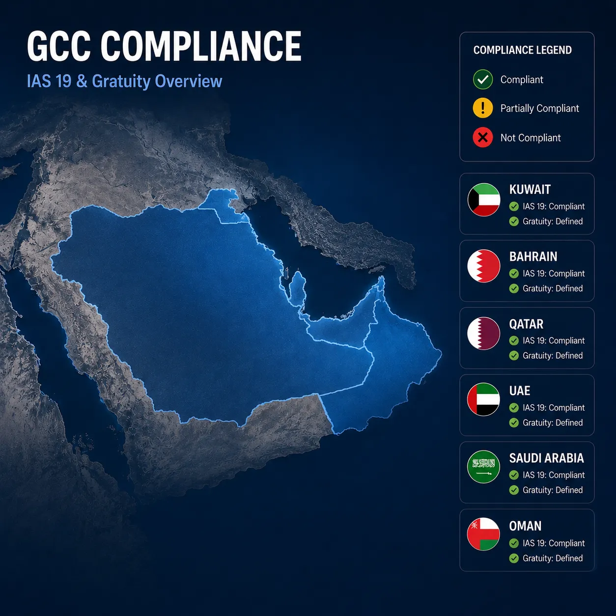 Actuarial Valuation Software for IAS Compliance infographic showing GCC countries with IAS 19 and gratuity compliance overview for Kuwait, Bahrain, Qatar, UAE, Saudi Arabia, and Oman.