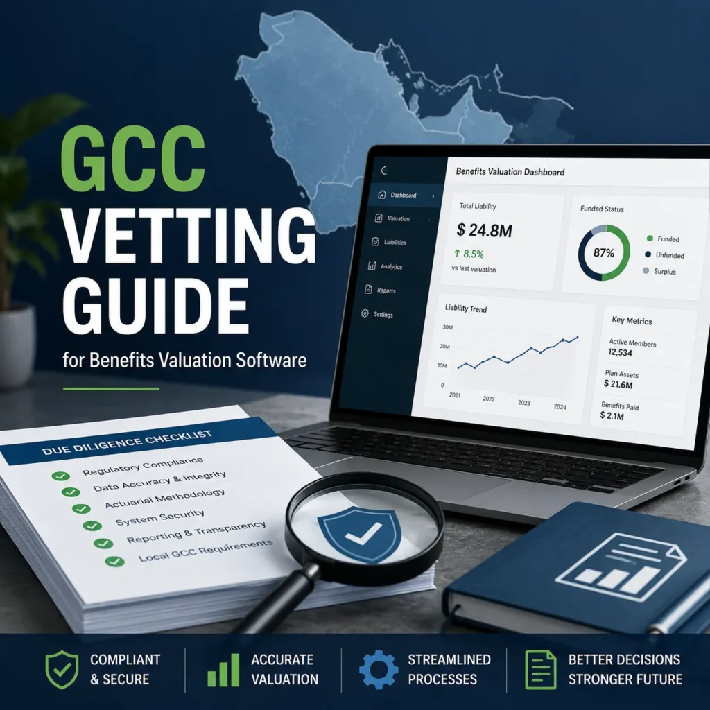 Benefits Valuation Software GCC vetting guide featuring due diligence checklist, valuation dashboard, compliance review, and best practices for selecting a benefits valuation solution.