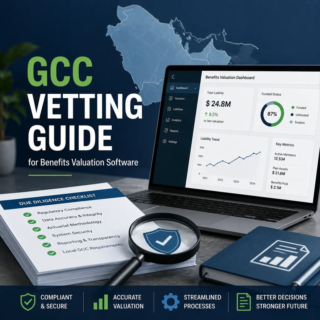 Benefits Valuation Software GCC vetting guide featuring due diligence checklist, valuation dashboard, compliance review, and best practices for selecting a benefits valuation solution.