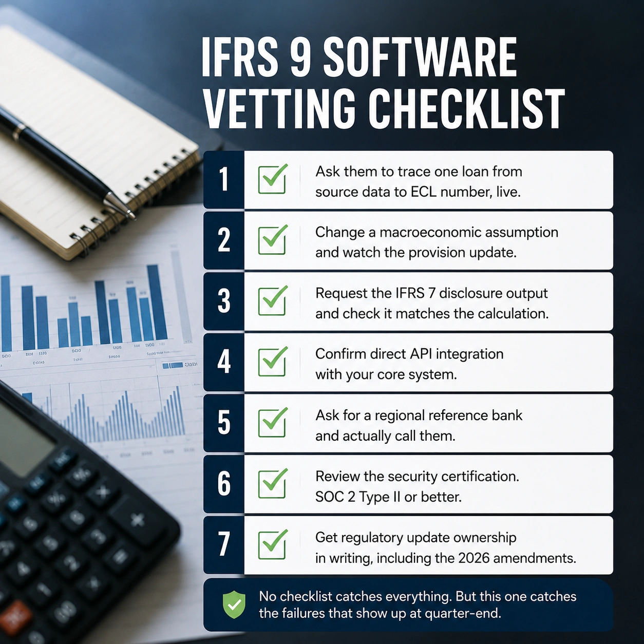 Professional IFRS 9 software vetting checklist infographic showing seven evaluation steps, including audit trail verification, API integration, security certification, regulatory updates, and reference checks, illustrating how tools support IFRS 9 compliance software selection.