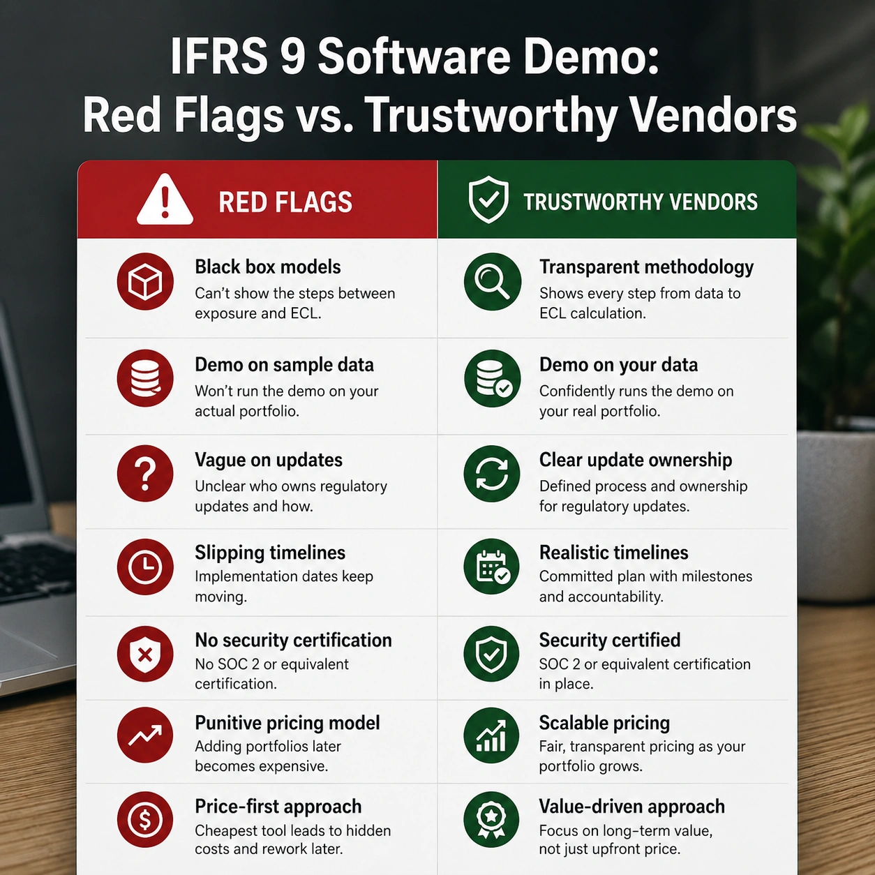 Comparison infographic contrasting IFRS 9 software vendor red flags with trustworthy vendor practices, including transparency, security, regulatory ownership, pricing, and implementation, demonstrating how tools support IFRS 9 compliance software procurement.
