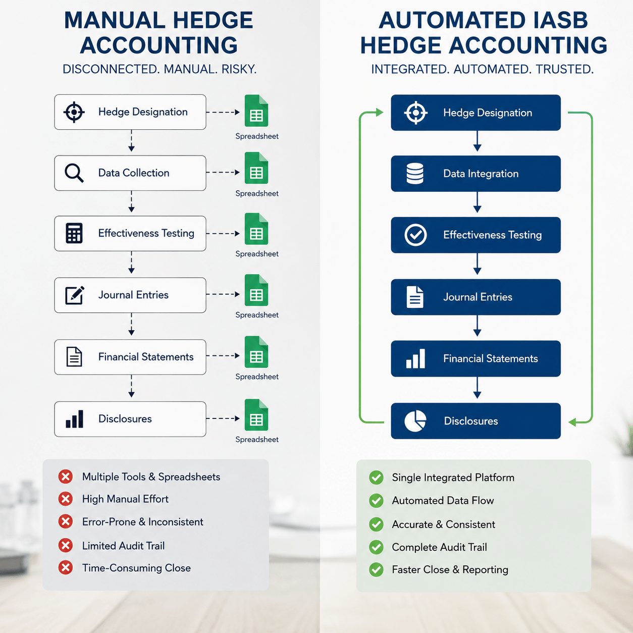 Side-by-side flowchart comparing manual processes with IASB hedge accounting software, showing disconnected spreadsheet hand-offs versus a single integrated workflow from hedge designation through disclosures.