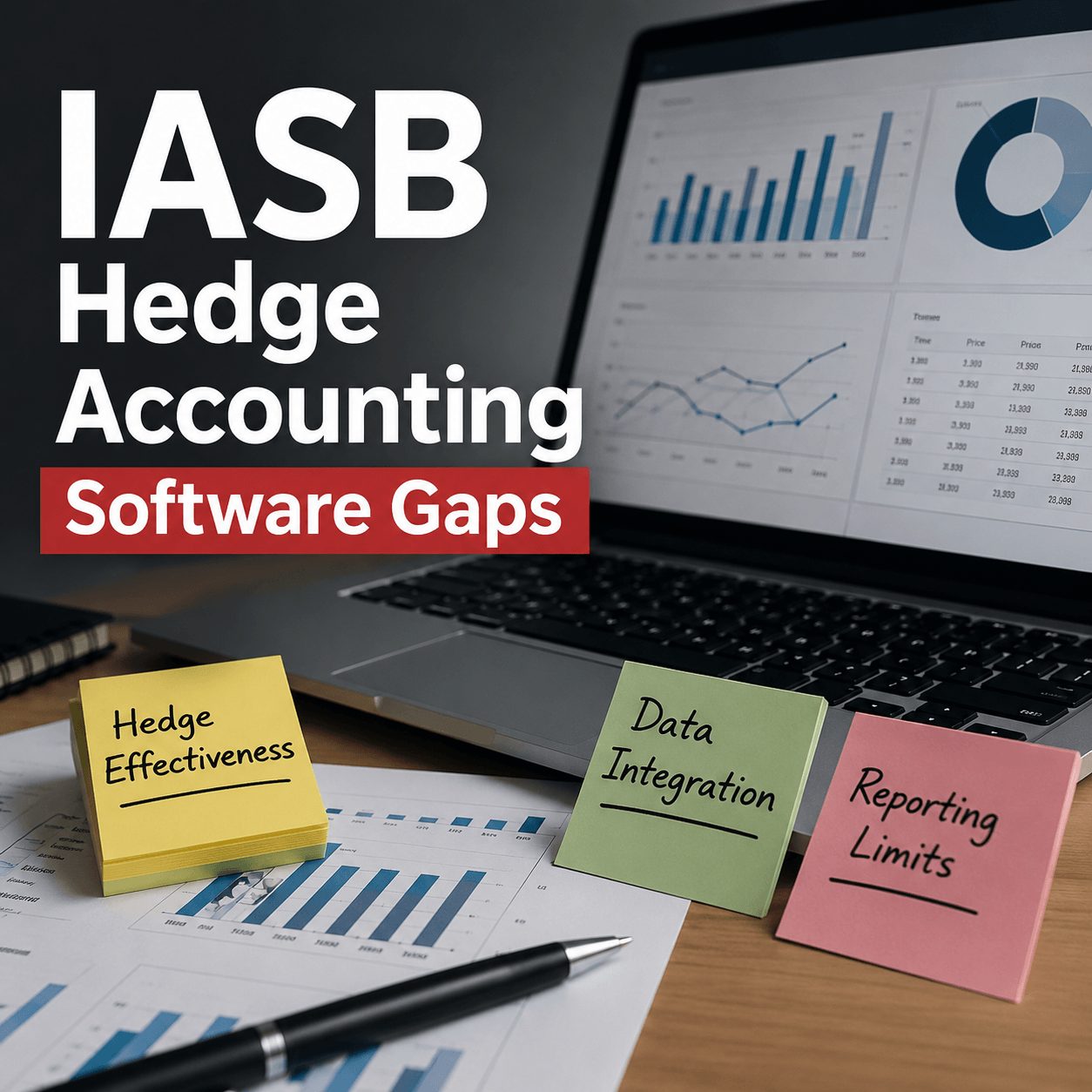 Desk-based infographic illustrating common challenges addressed by IASB hedge accounting software, featuring a laptop with financial dashboards, printed reports, and sticky notes highlighting hedge effectiveness, data integration, and reporting limitations.