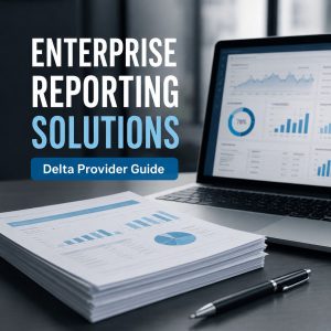 Enterprise Reporting Solutions featured image by Prima Consulting showing a business analytics dashboard on a laptop, printed enterprise reports with charts and graphs, and a clean corporate workspace. The image highlights the Delta Provider Guide with a professional, data-driven reporting and business intelligence theme.