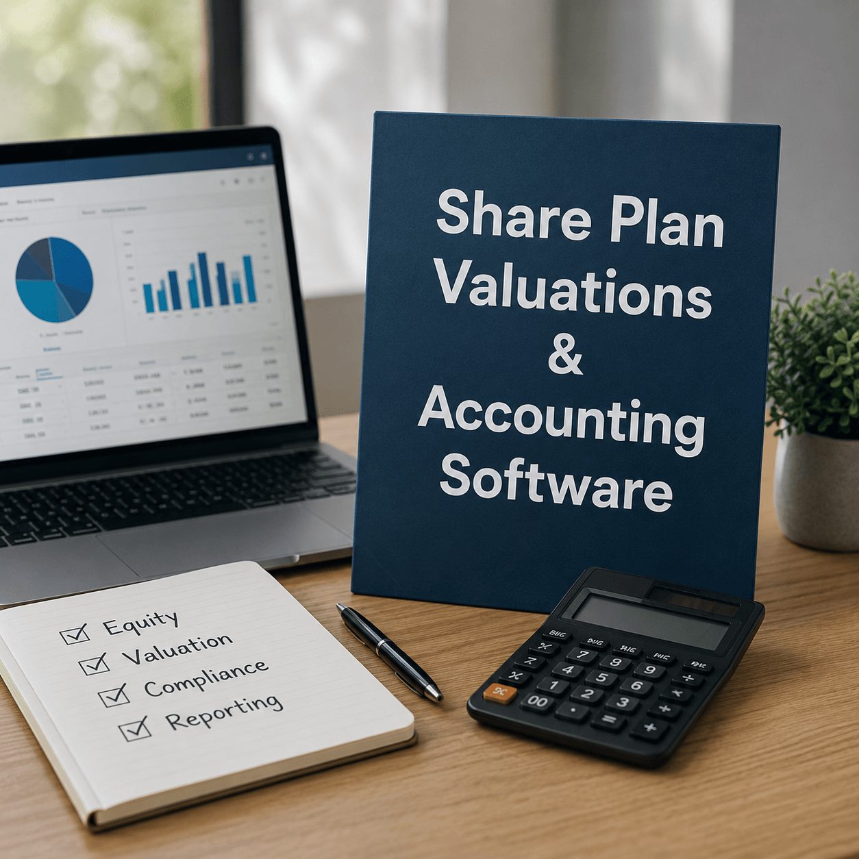 Professional office desk setup featuring a laptop with financial dashboards, calculator, notebook, and business materials highlighting Share Plan Valuations and Accounting Software for equity valuation, compliance, and financial reporting.