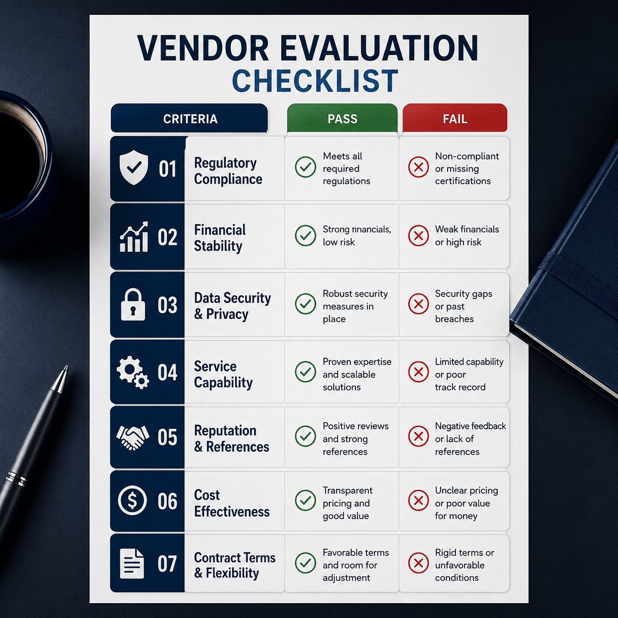Vendor evaluation checklist infographic comparing seven key selection criteria with pass and fail indicators, highlighting compliance, security, financial stability, and other factors for choosing Enterprise Reporting Solutions.