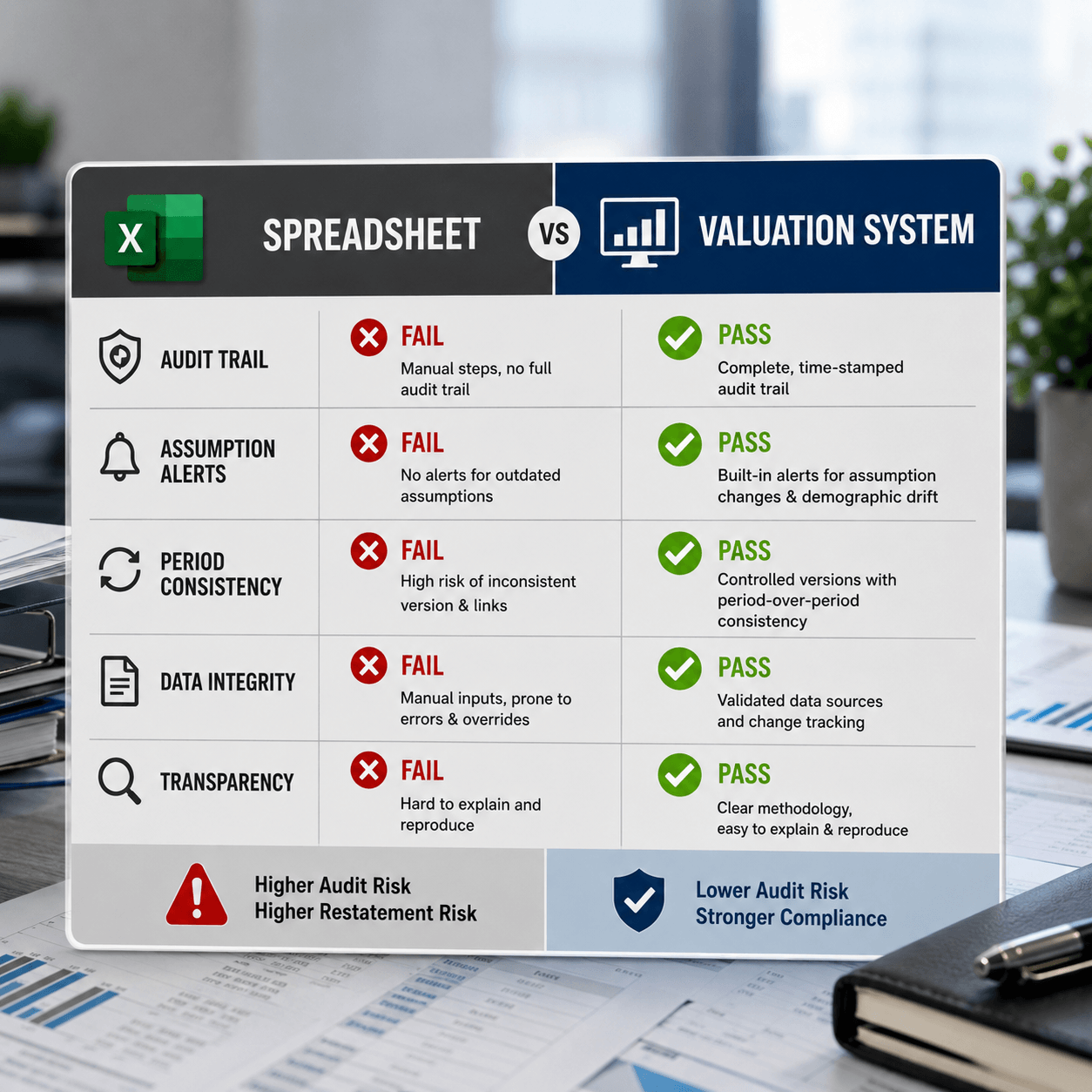 Side-by-side comparison graphic illustrating ias 19 excel limitations, contrasting spreadsheet failures with a modern valuation system across audit trail, assumption alerts, period consistency, data integrity, and compliance controls.