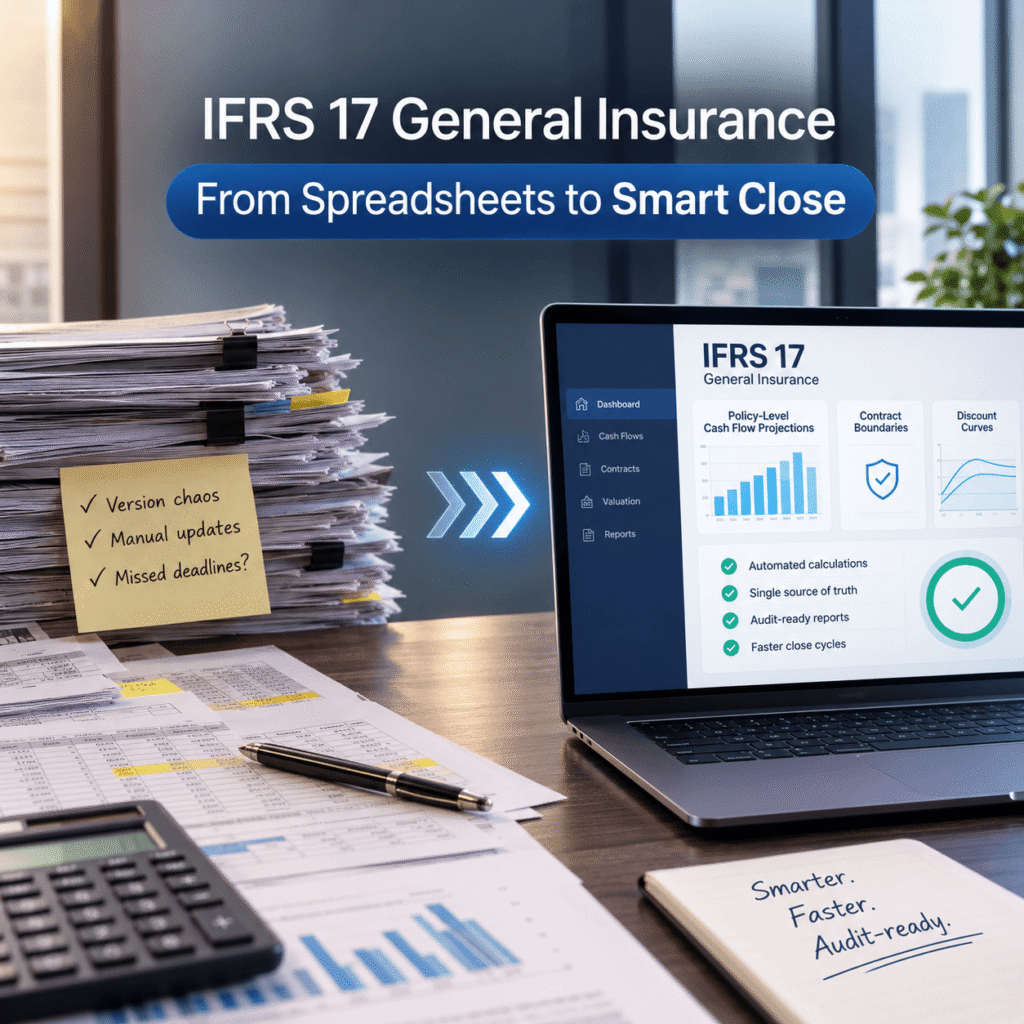 IFRS 17 general insurance solution replacing manual spreadsheets with an automated platform for policy-level cash flow projections, contract boundaries, discount curves, and audit-ready financial reporting.