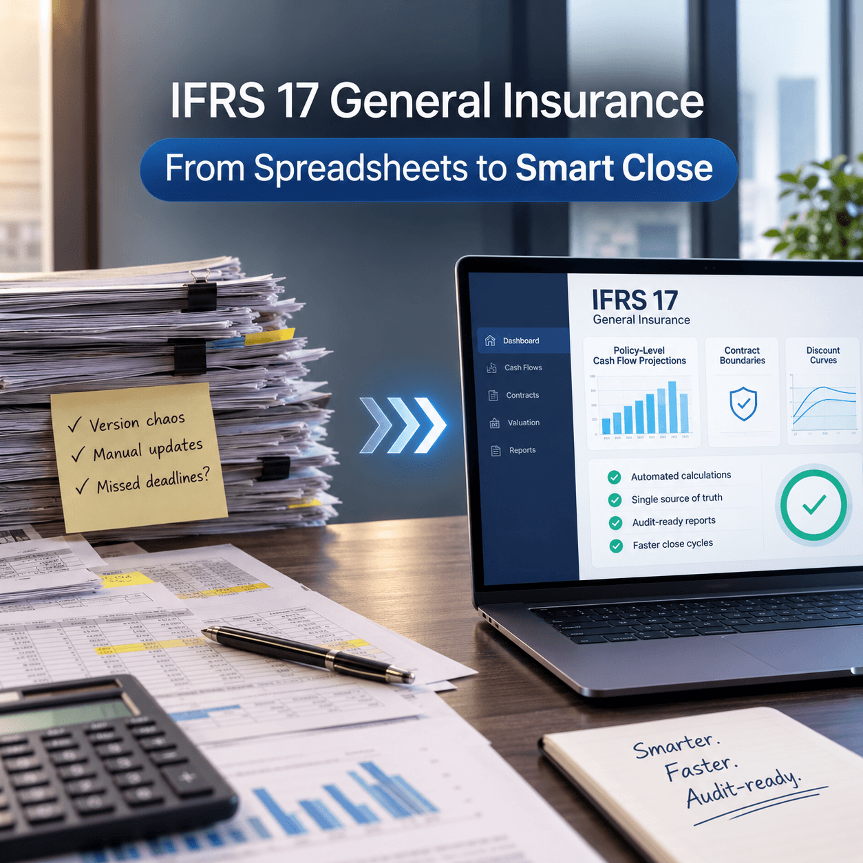 IFRS 17 general insurance solution replacing manual spreadsheets with an automated platform for policy-level cash flow projections, contract boundaries, discount curves, and audit-ready financial reporting.