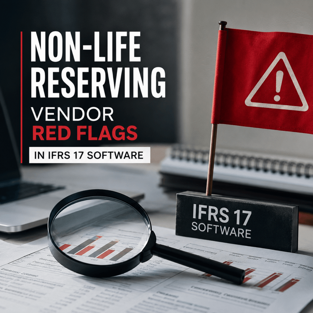 A professional infographic for ifrs17 software showing a magnifying glass inspecting reserving reports beside a red warning flag, highlighting non-life reserving vendor red flags and audit risks in IFRS 17 implementations.