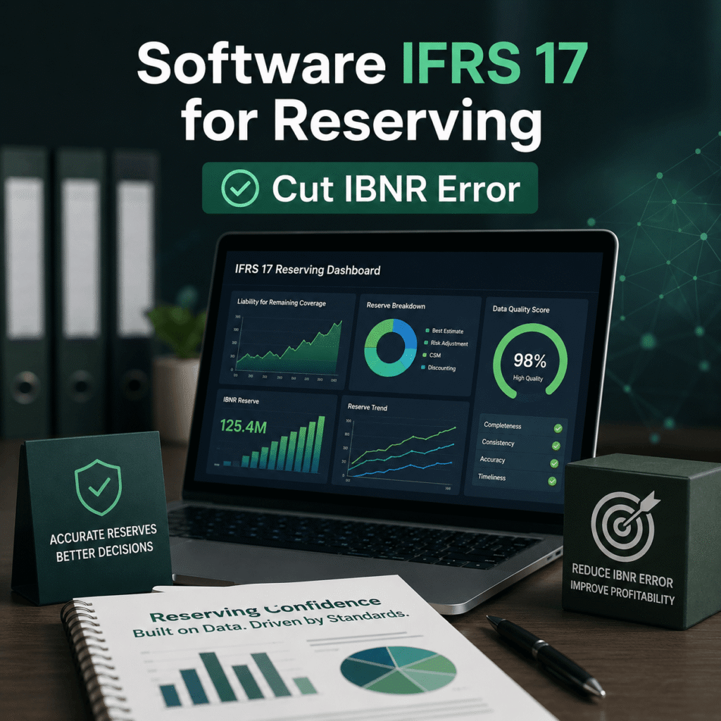 Software IFRS 17 dashboard for insurance reserving displayed on a laptop with analytics charts, reserve metrics, and data validation visuals illustrating how software IFRS 17 helps reduce IBNR estimation errors.
