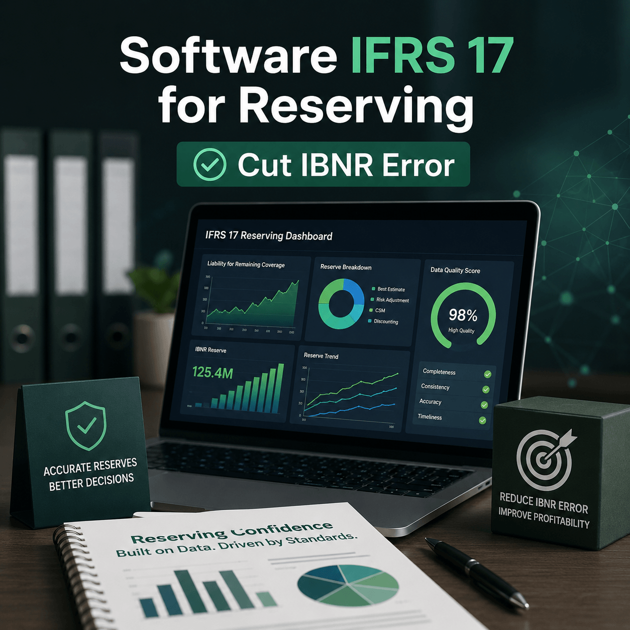 Software IFRS 17 dashboard for insurance reserving displayed on a laptop with analytics charts, reserve metrics, and data validation visuals illustrating how software IFRS 17 helps reduce IBNR estimation errors.