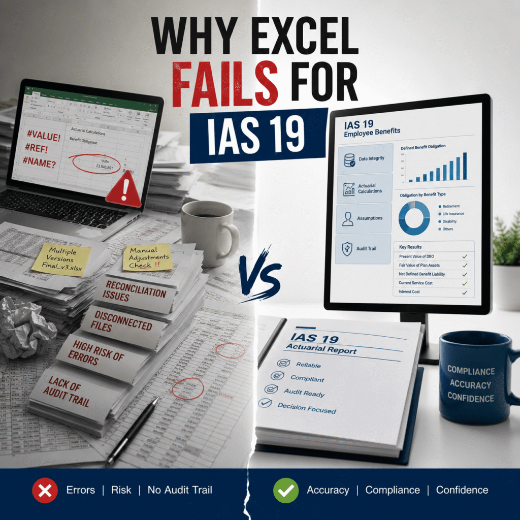 Comparison infographic illustrating ias 19 excel limitations, with an error-filled spreadsheet on one side and an audit-ready IAS 19 valuation system on the other, highlighting compliance, accuracy, and automated actuarial calculations.